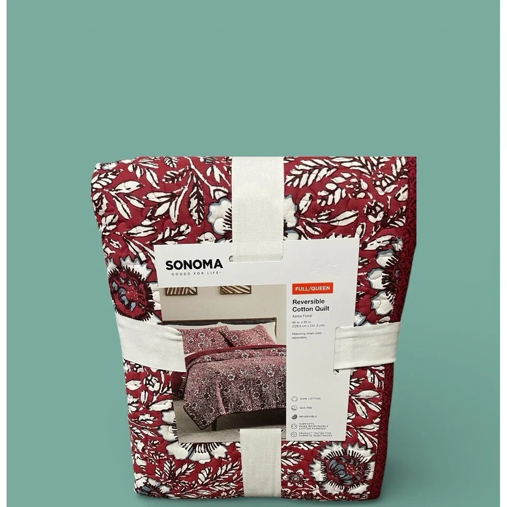 Sonoma Full Queen Reversible Cotton Quilt Asma Floral Quilted‎ 90 x 95 Red Black
